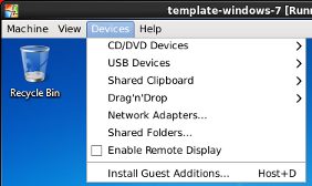 The image shows the menu option for installing the VirtualBox Guest Additions.