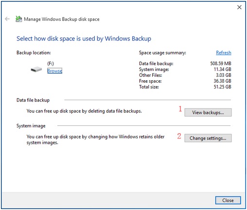 manage windows backup disk space